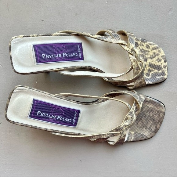 Phyliss Poland Tess Cream Snakeskin Leather Heeled Slide Sandals Women’s Size 6 - Picture 11 of 13